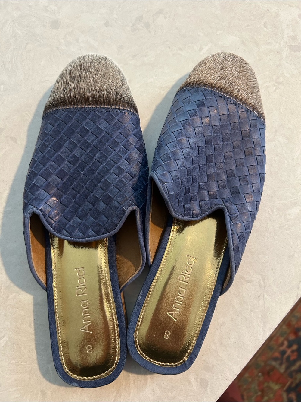 Anna Ricci Blue Woven Slip-On Mules with Gray Haircalf Toe